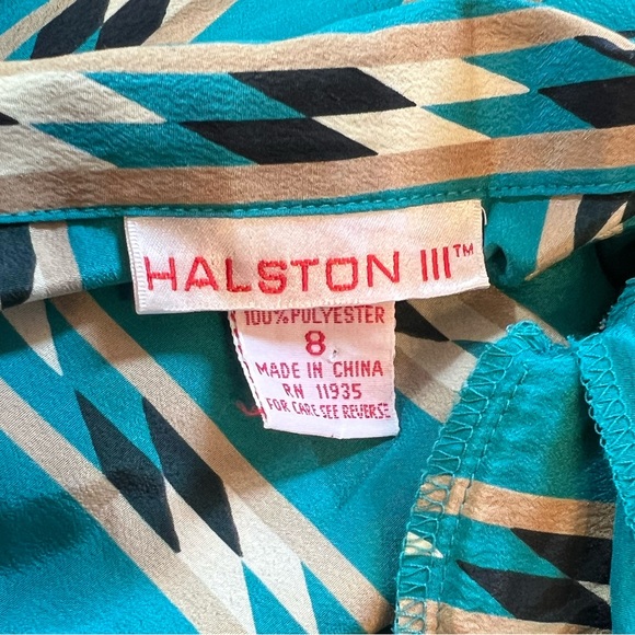 Vintage 1980s Halston Teal Blouse with Tan & Black Southwestern Stripes & Bowtie - Picture 4 of 5